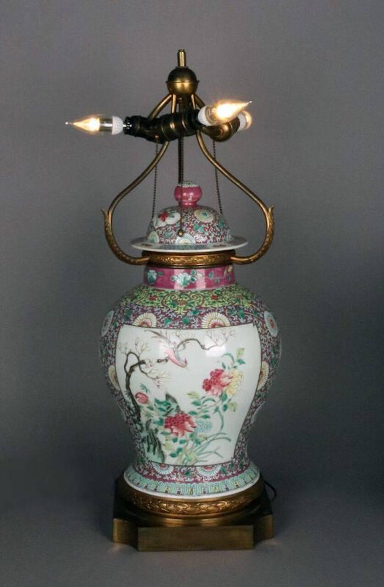 Painted Large Fine Chinese Famille Rose Urn Lamp, circa 1910
