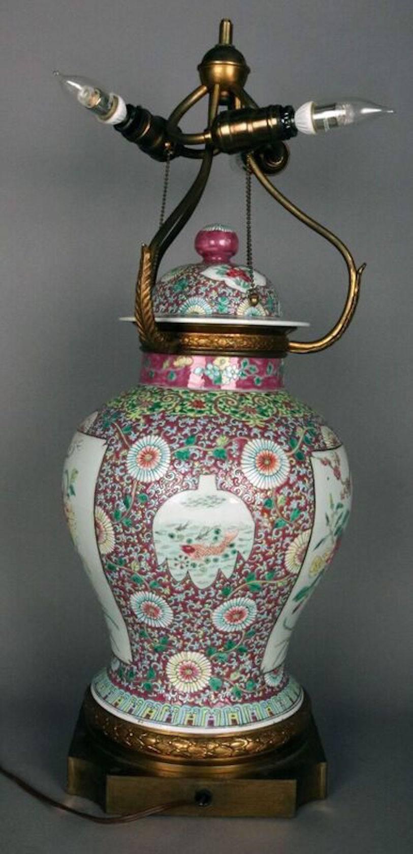 Large Fine Chinese Famille Rose Urn Lamp, circa 1910 In Good Condition In Big Flats, NY