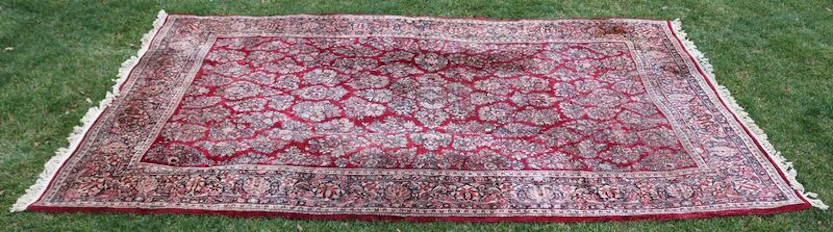 Pre WWII antique palace size Sarouk Persian oriental carpet rug features detached floral spray design, full pile, and fine wool sheen. This is a finely woven, hand knotted carpet, approximately 200-300 kpsi (knots per square inch), circa 1900.