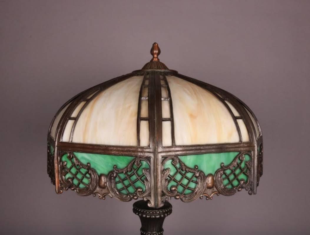 Finely Crafted Slag Glass Bronzed Metal Lamp, circa 1920 In Good Condition In Big Flats, NY