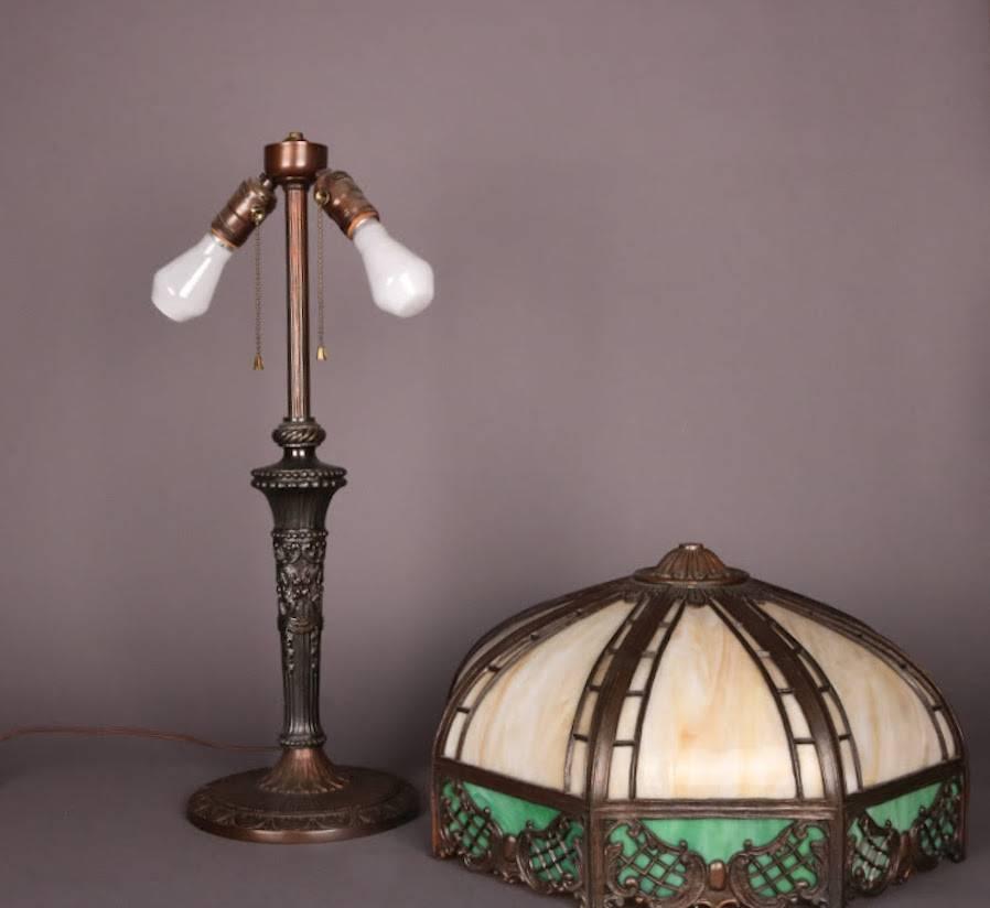 20th Century Finely Crafted Slag Glass Bronzed Metal Lamp, circa 1920
