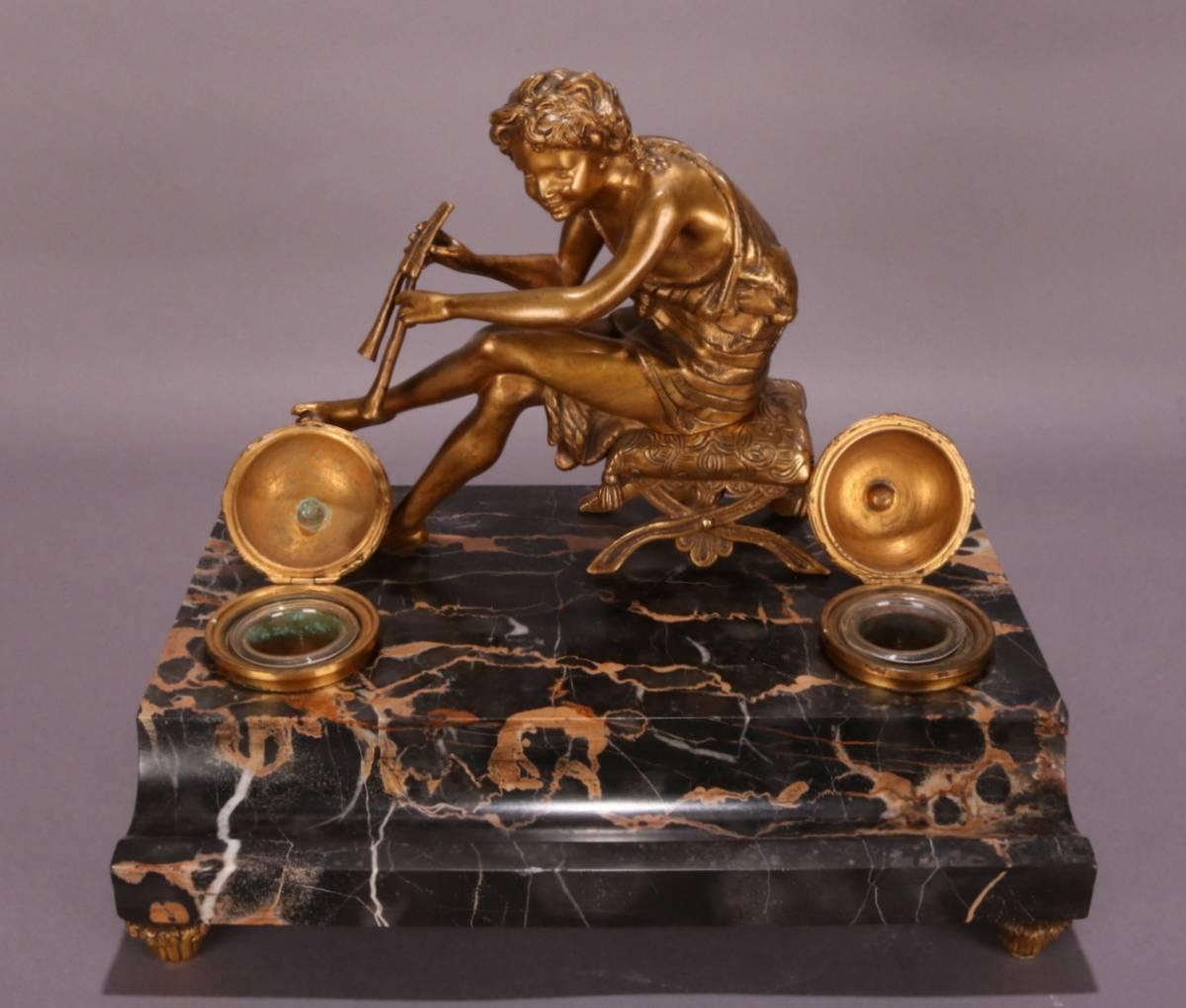 Greco Roman Antique French Marble and Bronze Pan Figural Ink Well, circa 1880