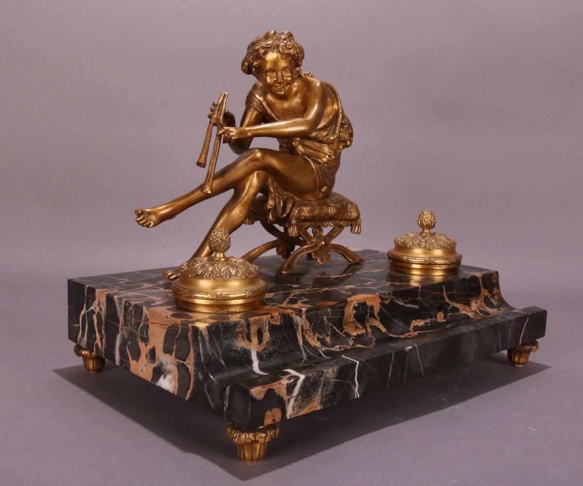 Antique French Marble and Bronze Pan Figural Ink Well, circa 1880 In Good Condition In Big Flats, NY