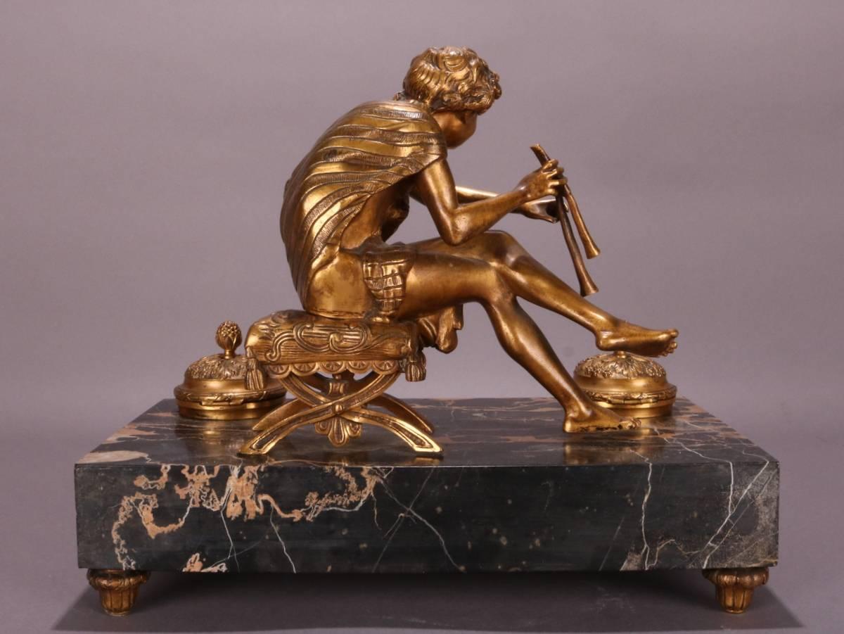 19th Century Antique French Marble and Bronze Pan Figural Ink Well, circa 1880
