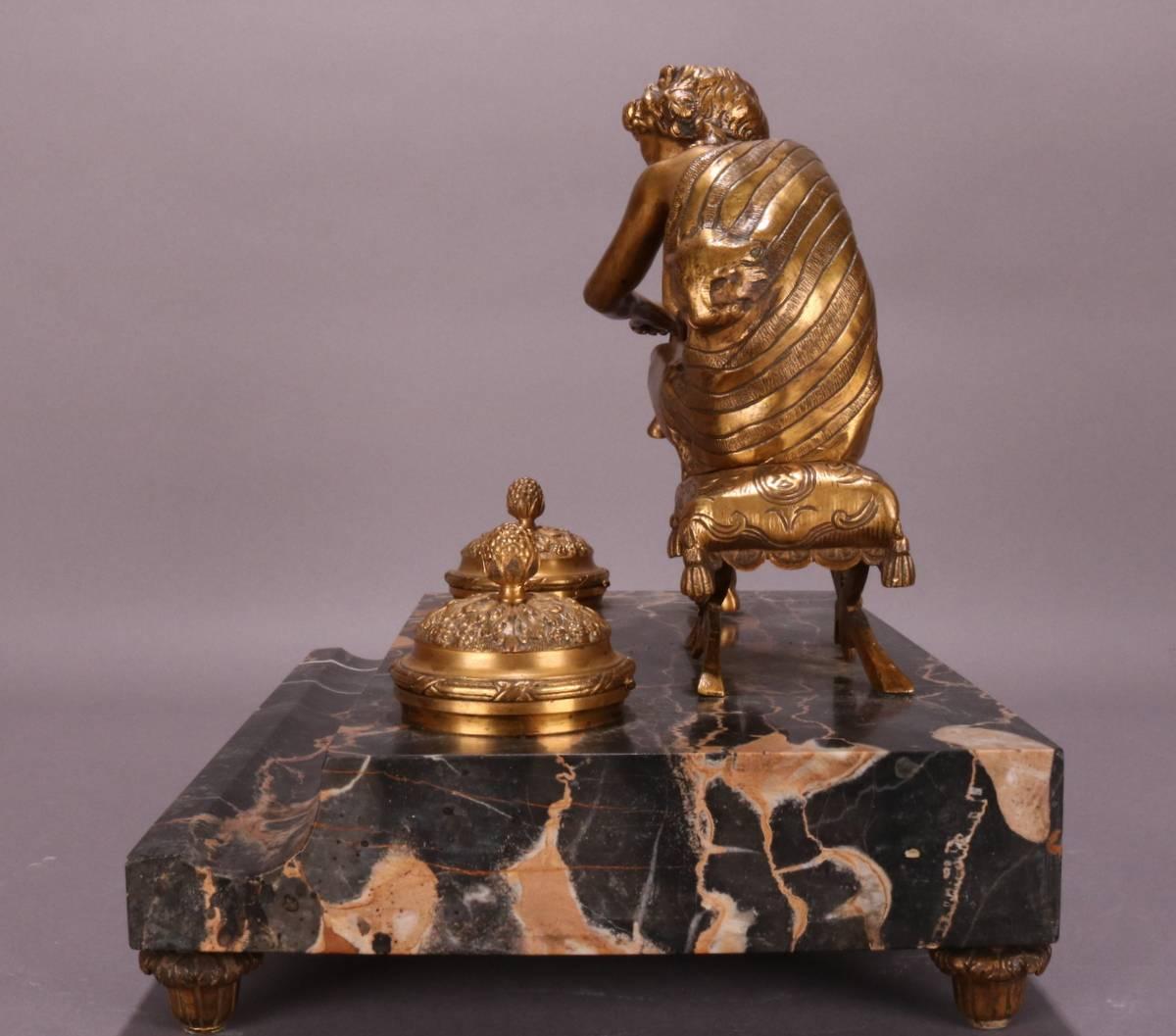 Antique French Marble and Bronze Pan Figural Ink Well, circa 1880 1
