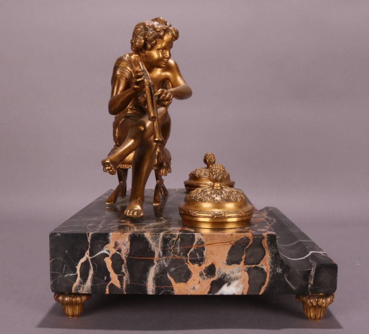 Antique French Marble and Bronze Pan Figural Ink Well, circa 1880 4