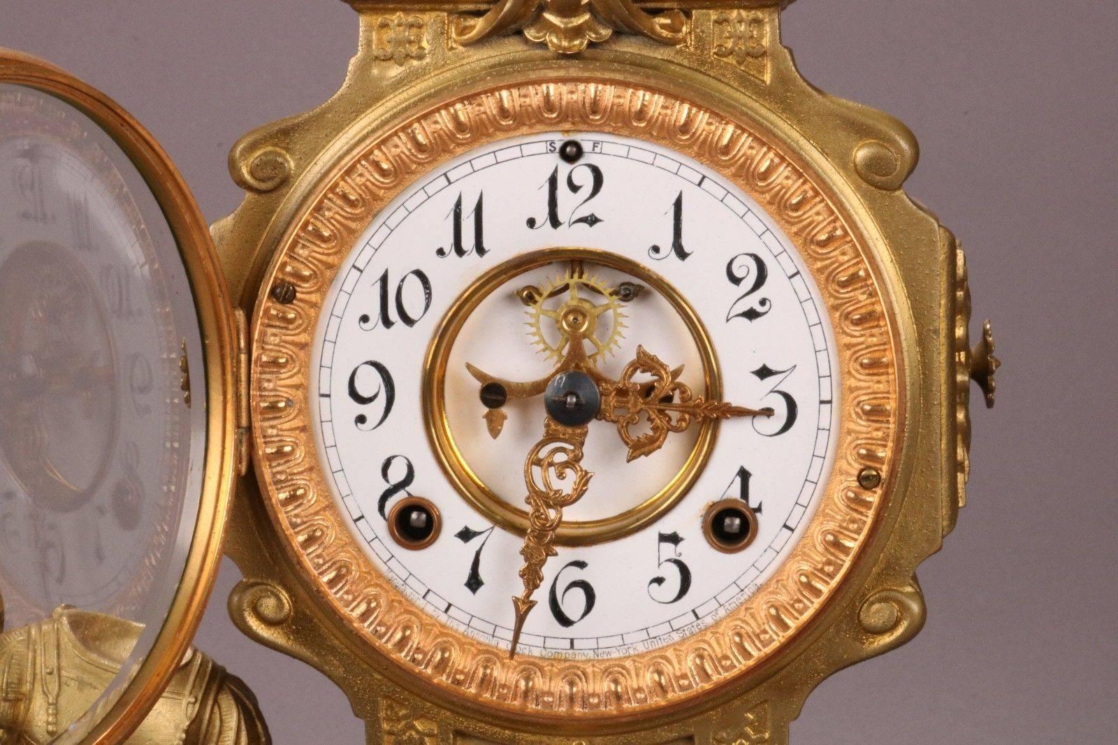 Antique Ansonia Bronzed White Metal Figural Mantel Clock, circa 1880 In Good Condition In Big Flats, NY