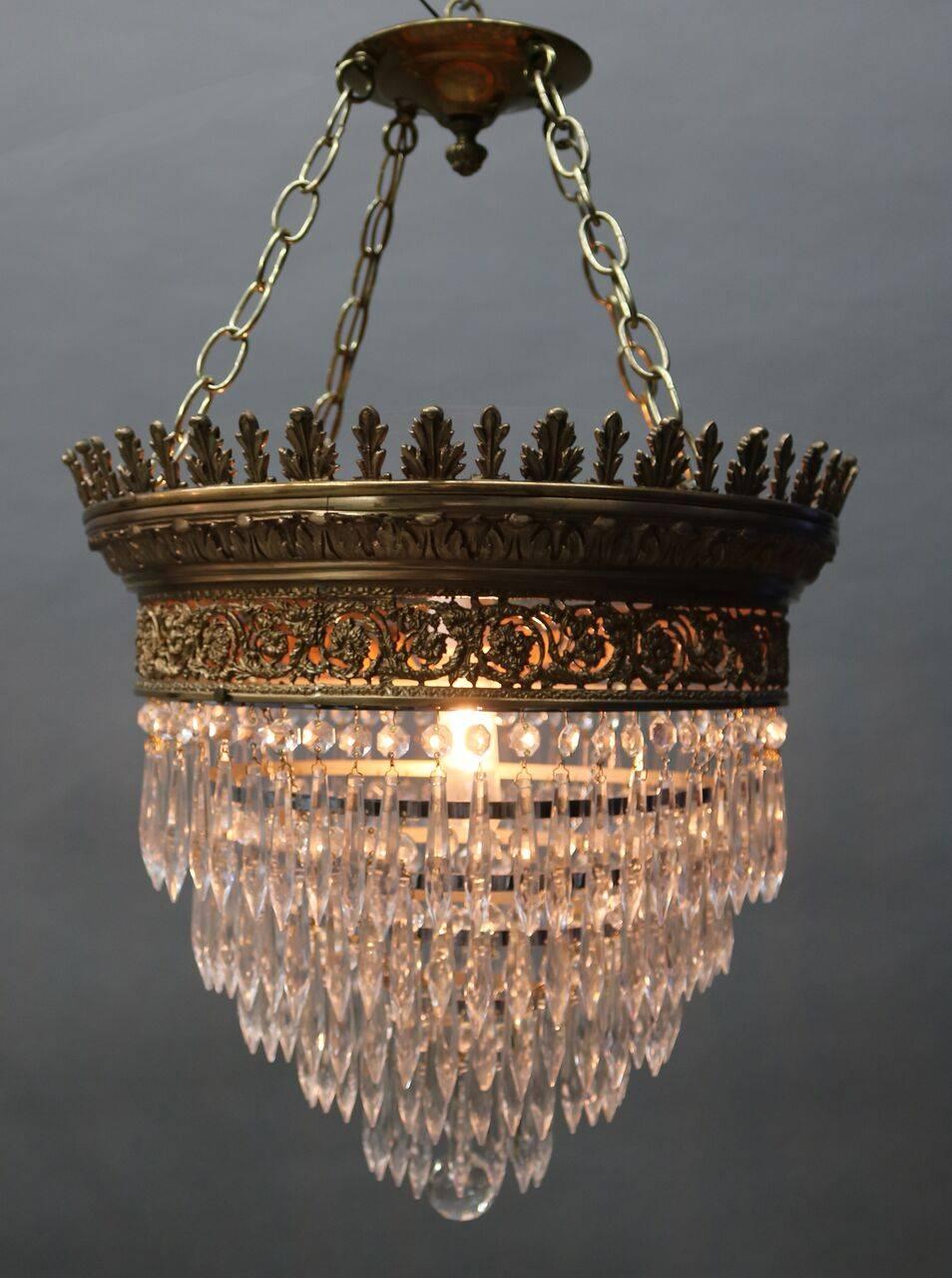 19th Century Antique French Neoclassical Style Crystal & Bronze Wedding Cake Chandelier c1890