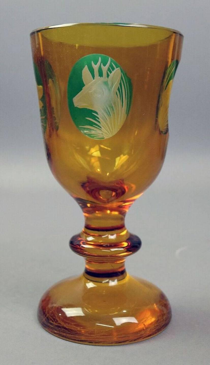 Czech Antique Set of 12 Amber Glass Bohemian Cameo Hunt Goblets, circa 1850