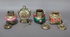 Four Antique Chinese Hard Stone Jeweled Scent Bottles with Silverwashed Copper