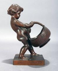 Signed Figural Bronze Cherub with Basket, circa 1890