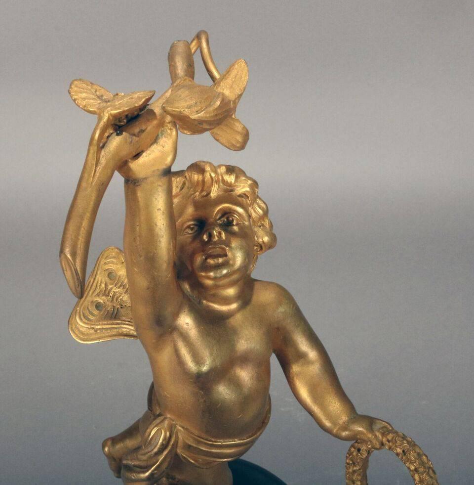 Antique Gilt Bronze Classical Cherubi Figural Cabinet Statue, circa 1890 In Good Condition In Big Flats, NY