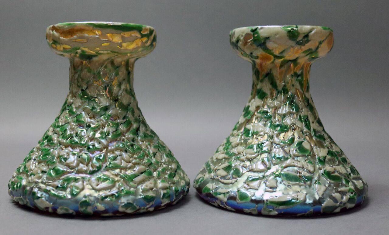Pair of antique Durand art glass candle sticks feature Moorish crackle finish, 1920.

4.25"h x 4.5"diam.