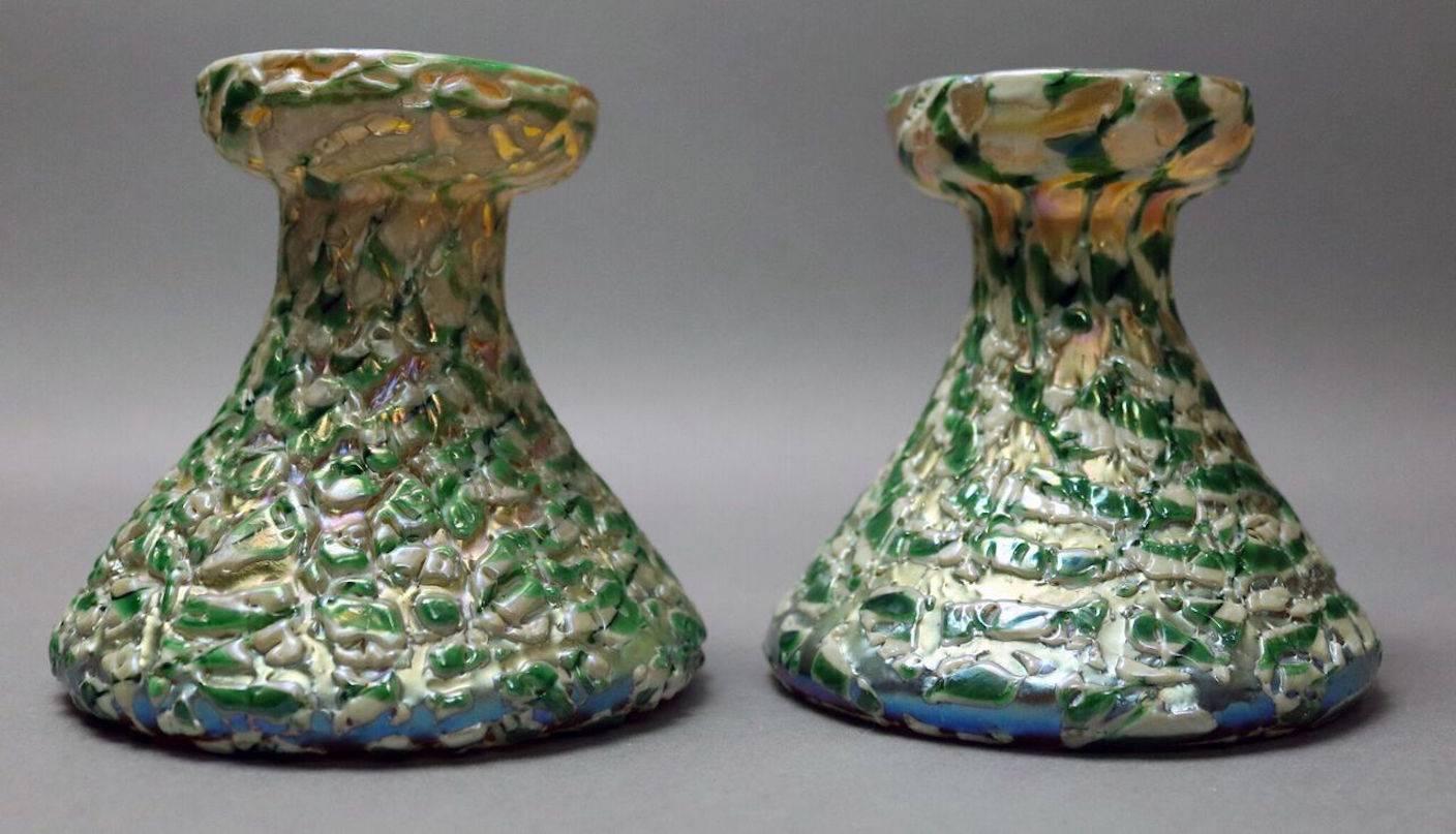 American Antique Pair of Moorish Crackle Finish Durand Art Glass Candle Sticks, c1920