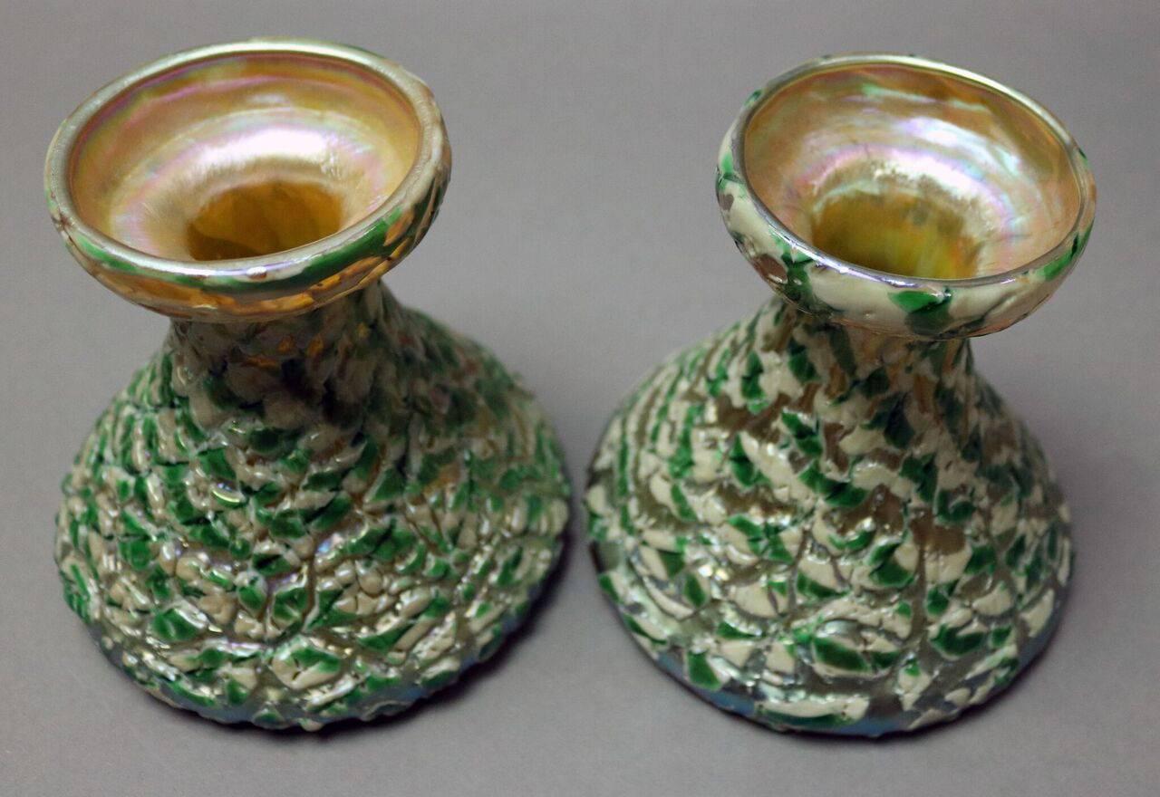 Antique Pair of Moorish Crackle Finish Durand Art Glass Candle Sticks, c1920 In Good Condition In Big Flats, NY