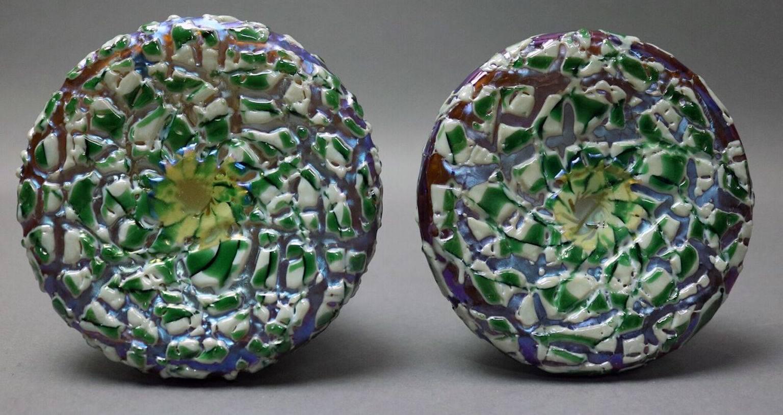 20th Century Antique Pair of Moorish Crackle Finish Durand Art Glass Candle Sticks, c1920