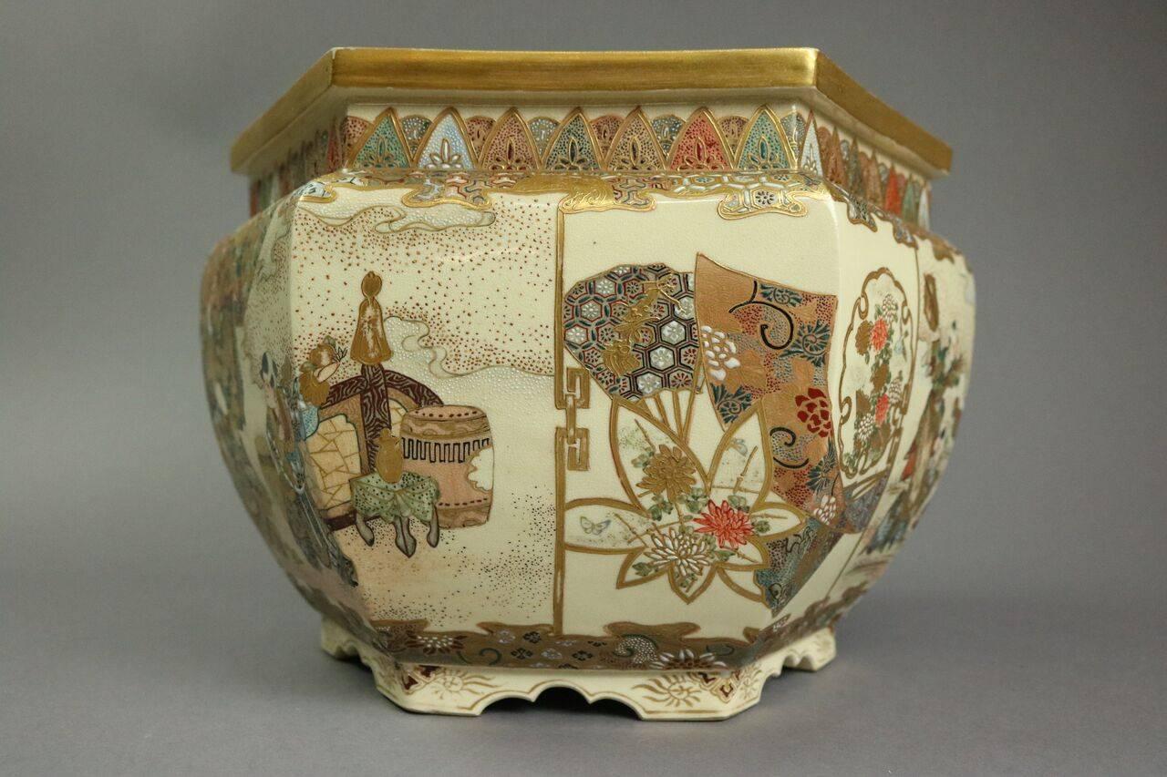 Ceramic Antique Japanese Satsuma Moriage & Gold Gilt Jardiniere Meiji Era, Late 19th C