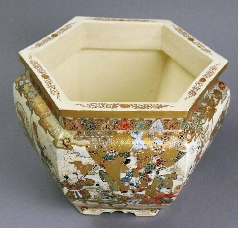 Antique Japanese Satsuma Moriage and Gold Gilt Jardiniere Meiji Era