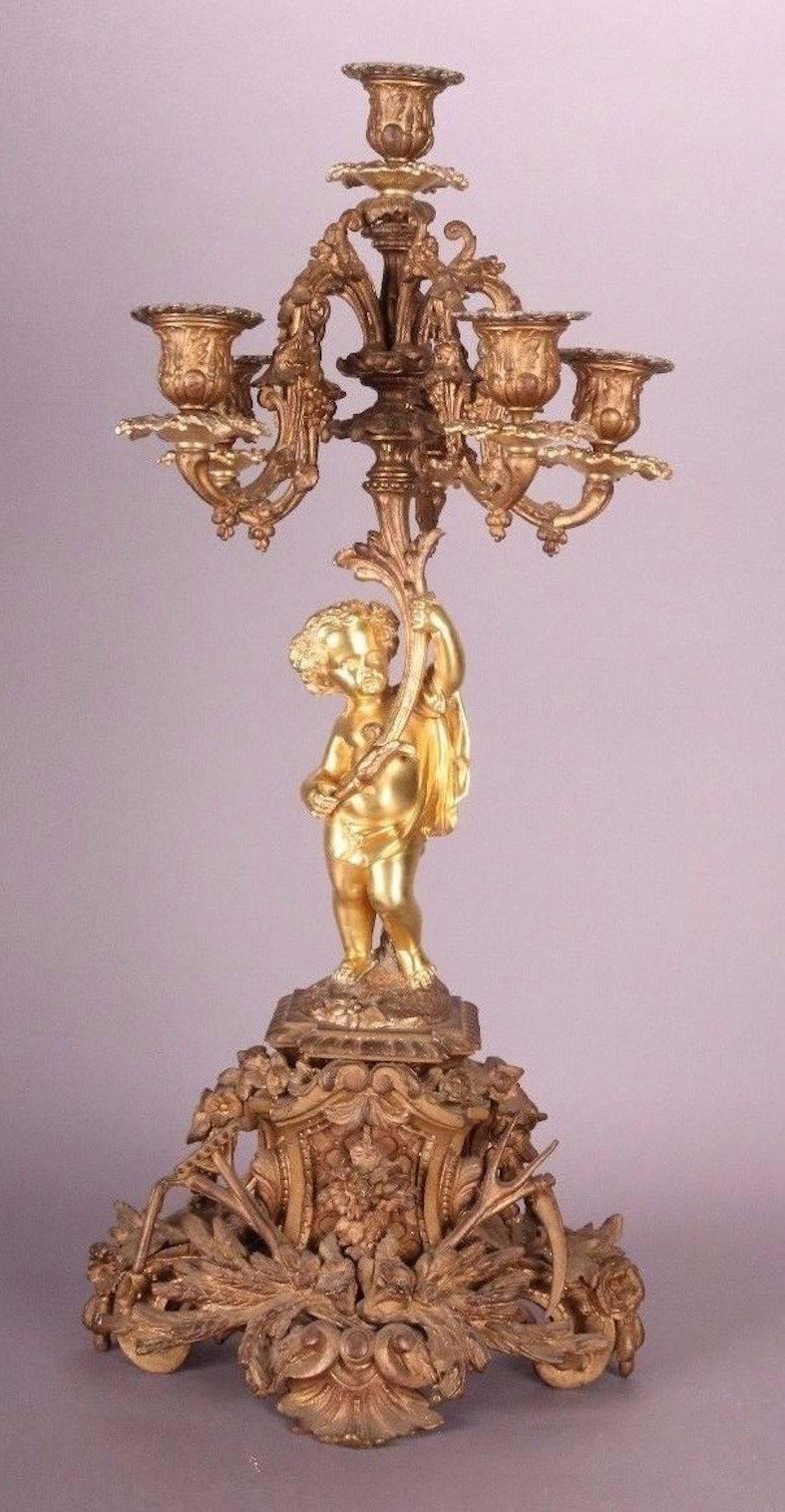 Pair Antique French Gilt Bronze Six-Light Candelabra with Cherubs, circa 1870 1