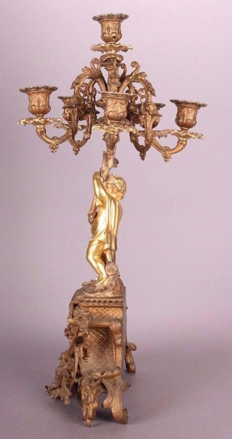 Pair Antique French Gilt Bronze Six-Light Candelabra with Cherubs, circa 1870 3