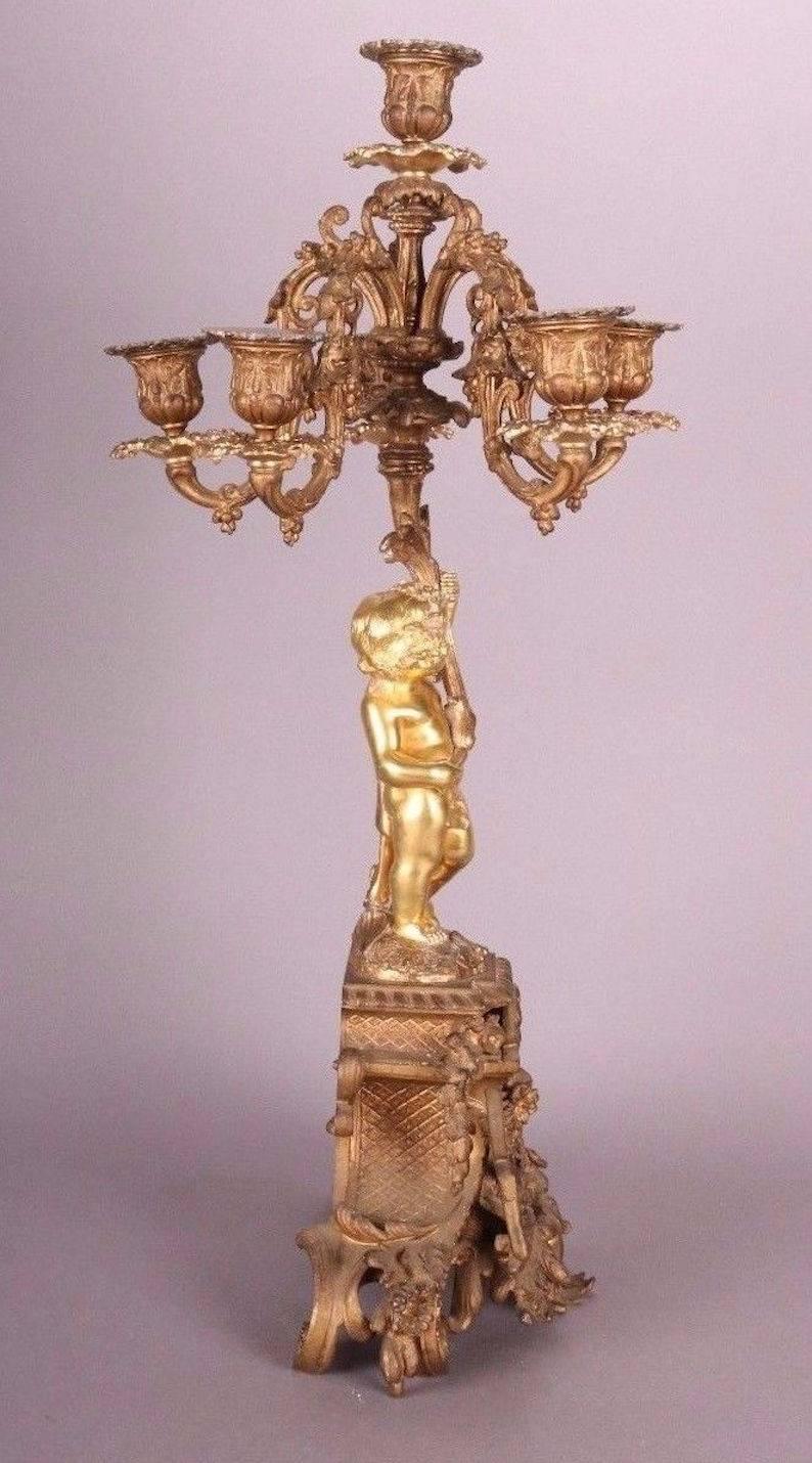 Pair Antique French Gilt Bronze Six-Light Candelabra with Cherubs, circa 1870 4
