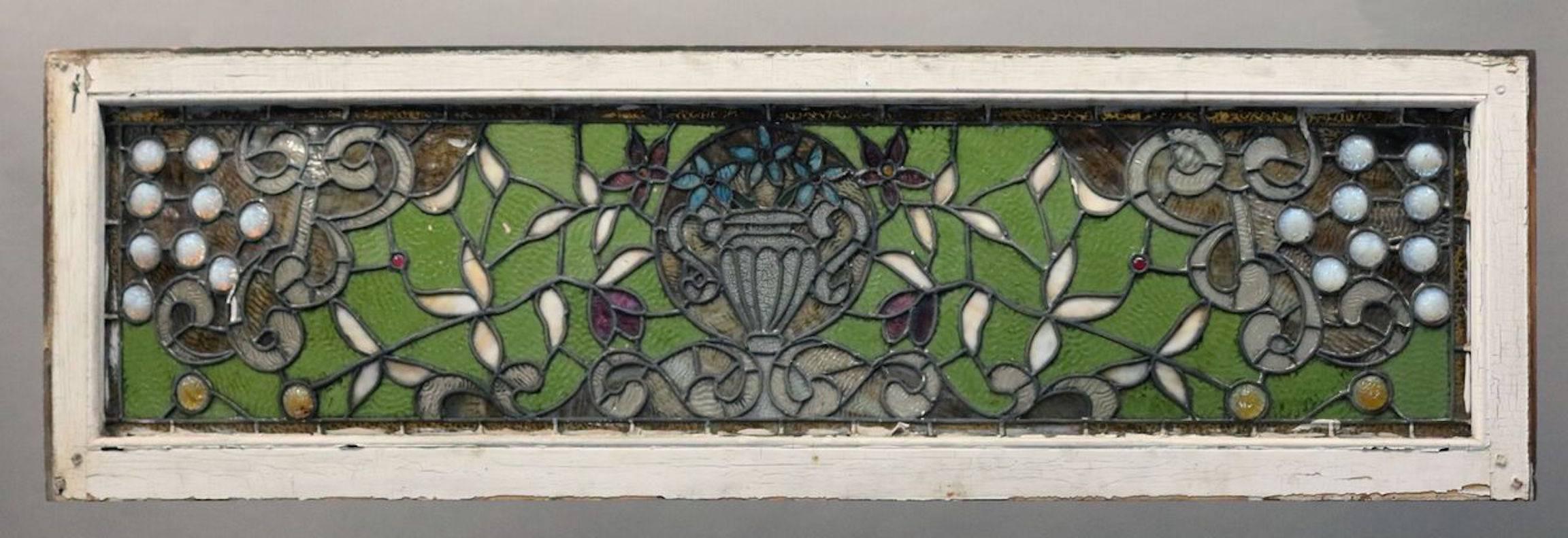 American Antique Chunk Jeweled Tiffany LaFarge Style Window with Floral Urn Design