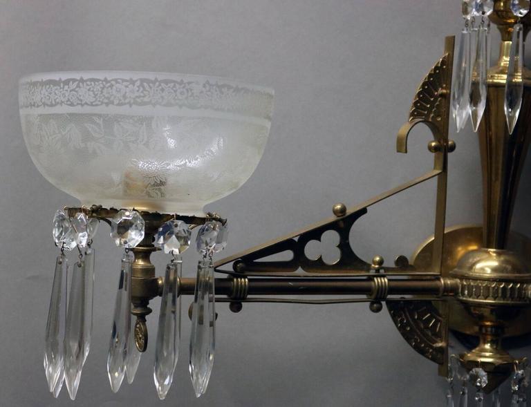 Antique Eastlake Aesthetic Dual Arm Brass Sconce w/Crystals and Etched