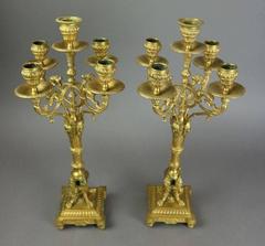 Pair of French Empire Figural Gilt Bronze Five-Light Candelabra, circa 1840