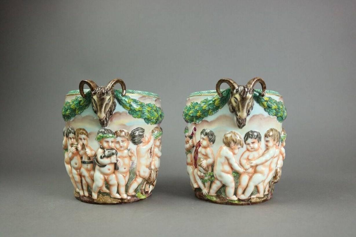 Italian Pair of Figural Capodimonte Hand-Painted Open Urns with Cupids, Crown N Mark