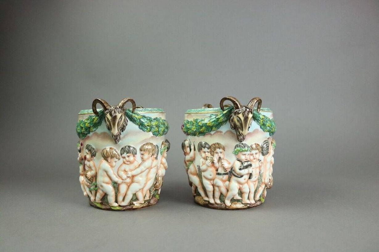 19th Century Pair of Figural Capodimonte Hand-Painted Open Urns with Cupids, Crown N Mark