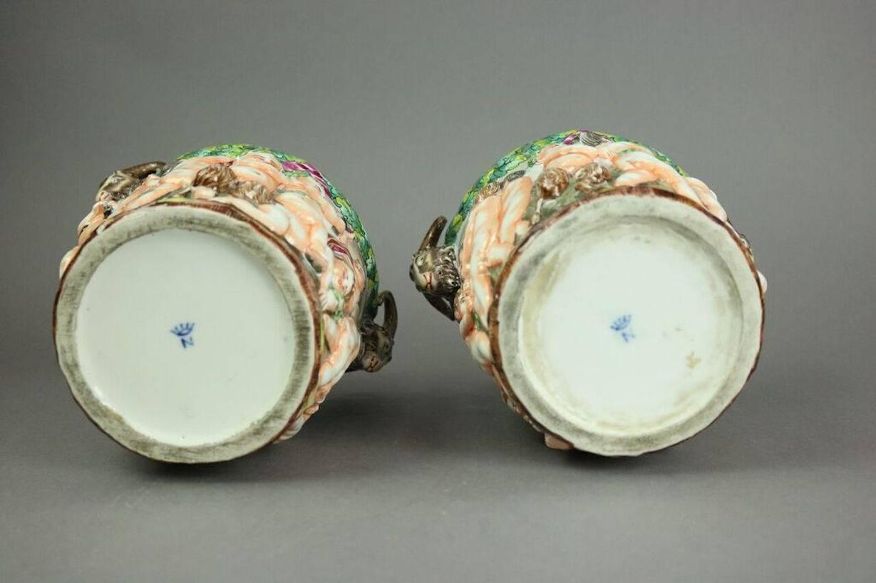 Porcelain Pair of Figural Capodimonte Hand-Painted Open Urns with Cupids, Crown N Mark