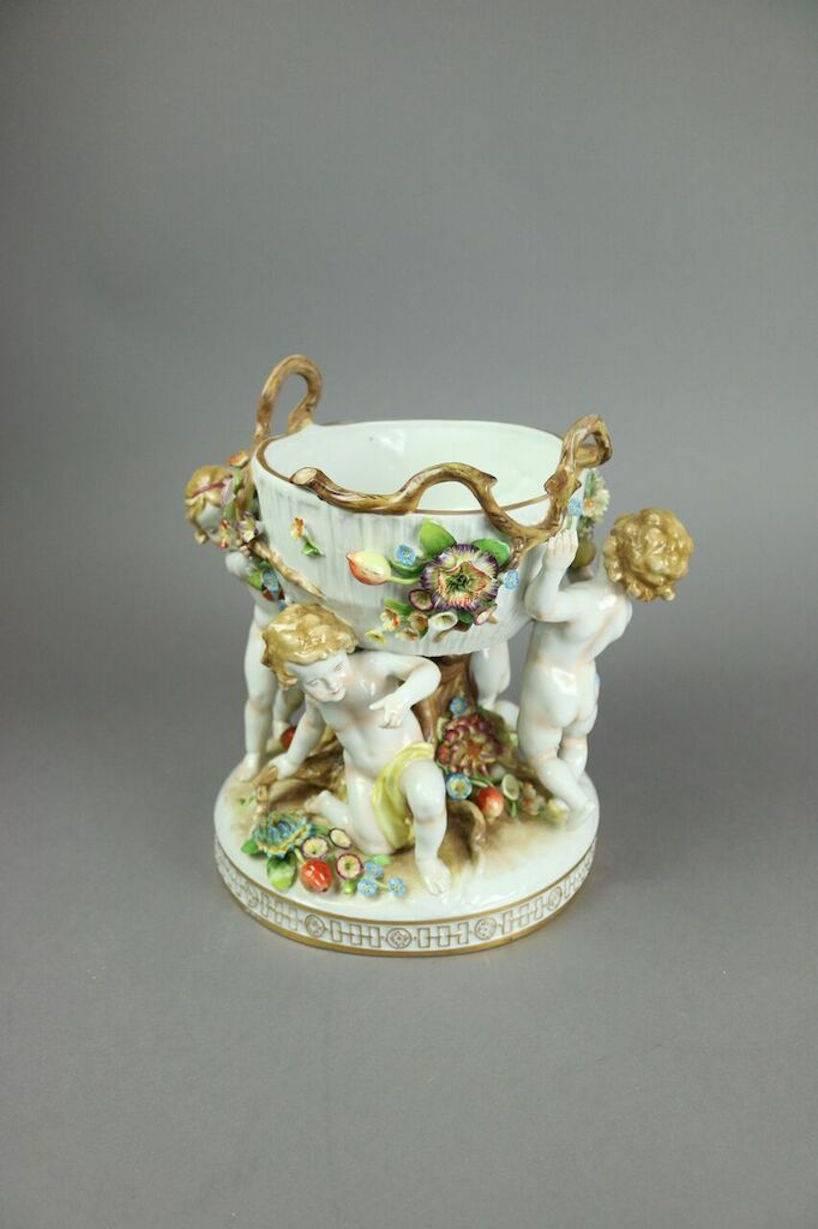 German Schierholz Hand-Painted Figural Porcelain Cupid 'Putto' Compote In Good Condition In Big Flats, NY