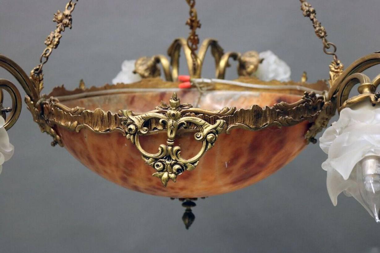 French Bronze Frame Six-Light Chandelier with Daum Nancy School Bowl In Good Condition In Big Flats, NY