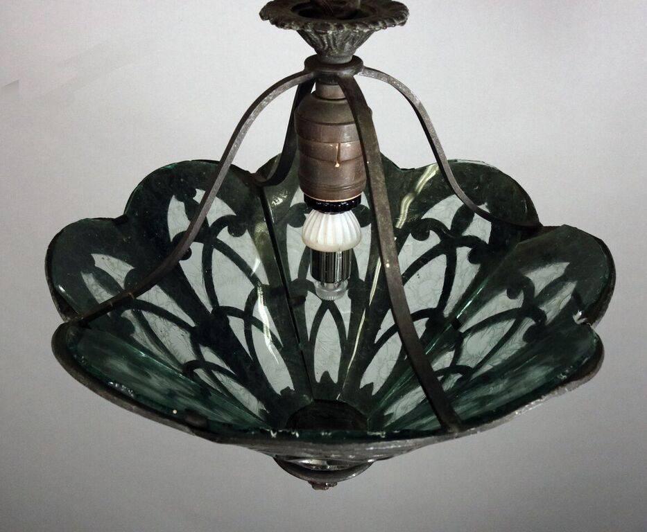 Arts and Crafts Arts & Crafts Hanging Hall Light, Bronze with Green Slag Glass, circa 1920