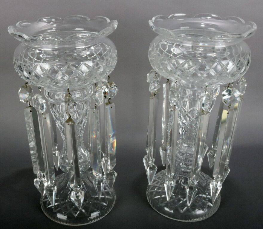 Victorian Pair of Tall Cut Crystal Mantle Lustres with Prisms, Late 19th Century