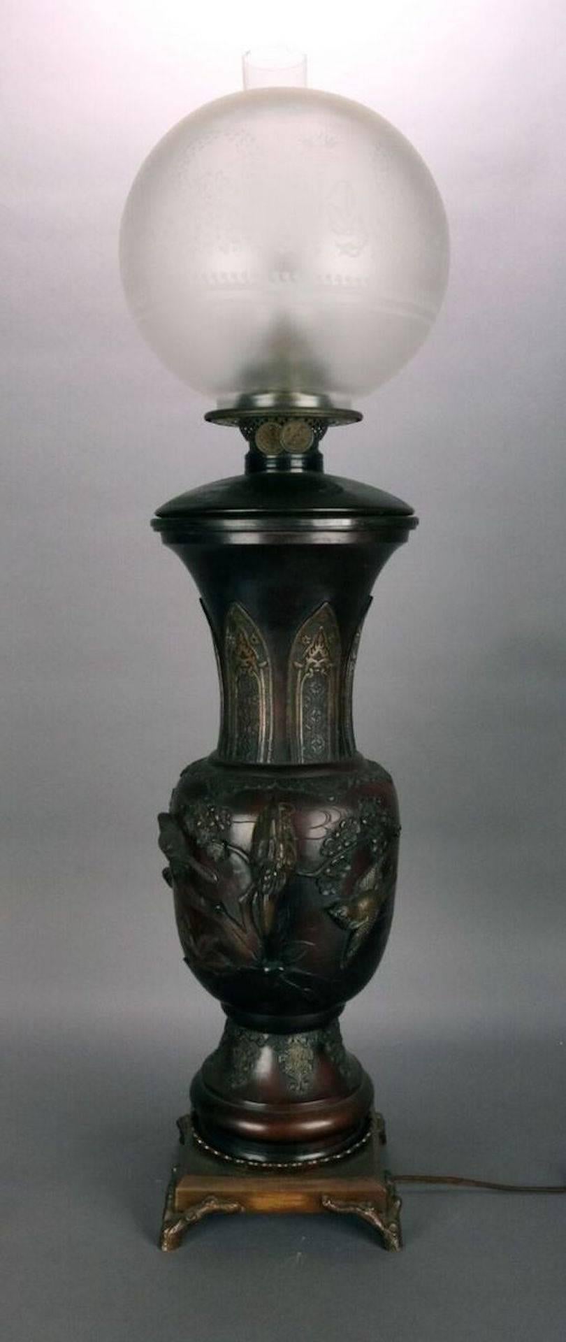 20th Century, Japanese Meiji Figural Bronze Electrified Oil Lamp 4