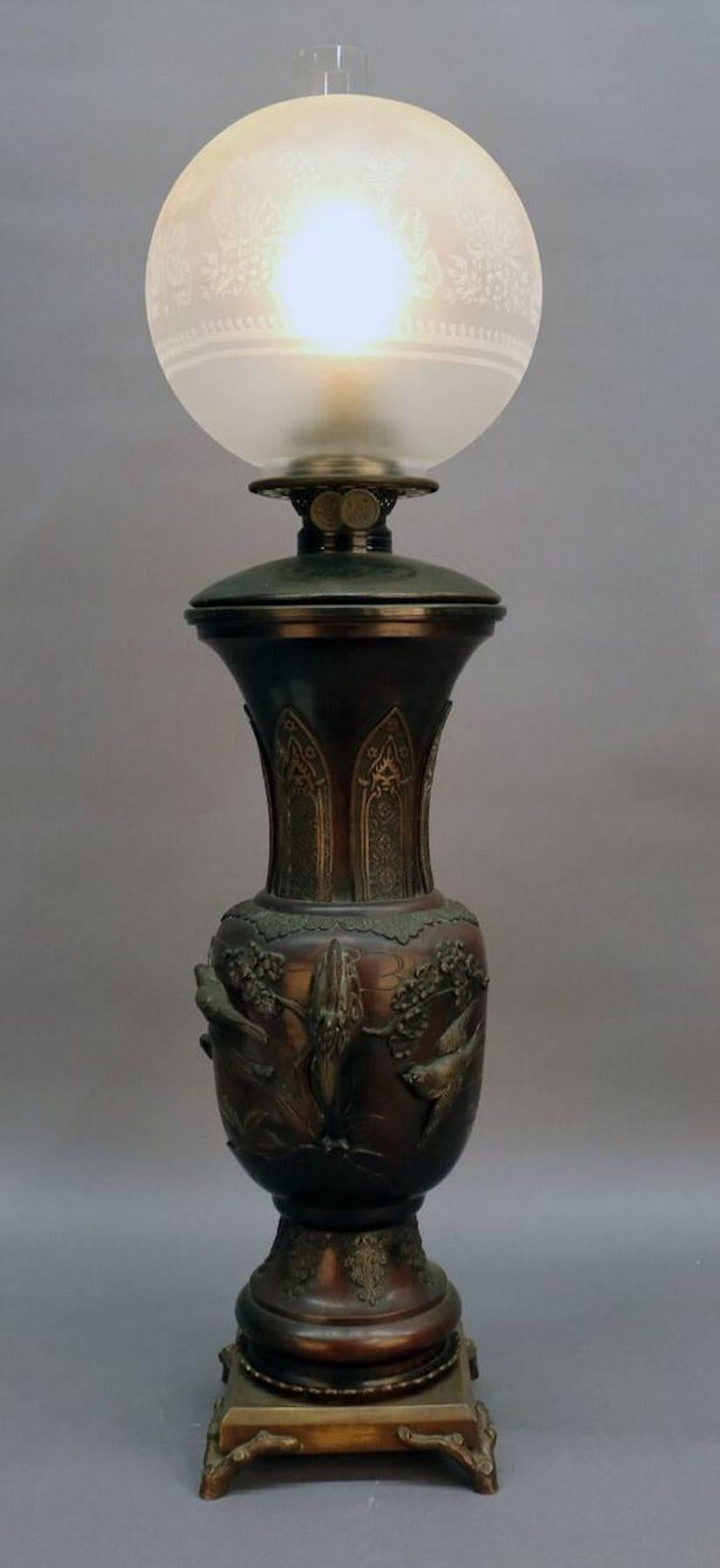 20th Century, Japanese Meiji Figural Bronze Electrified Oil Lamp 5