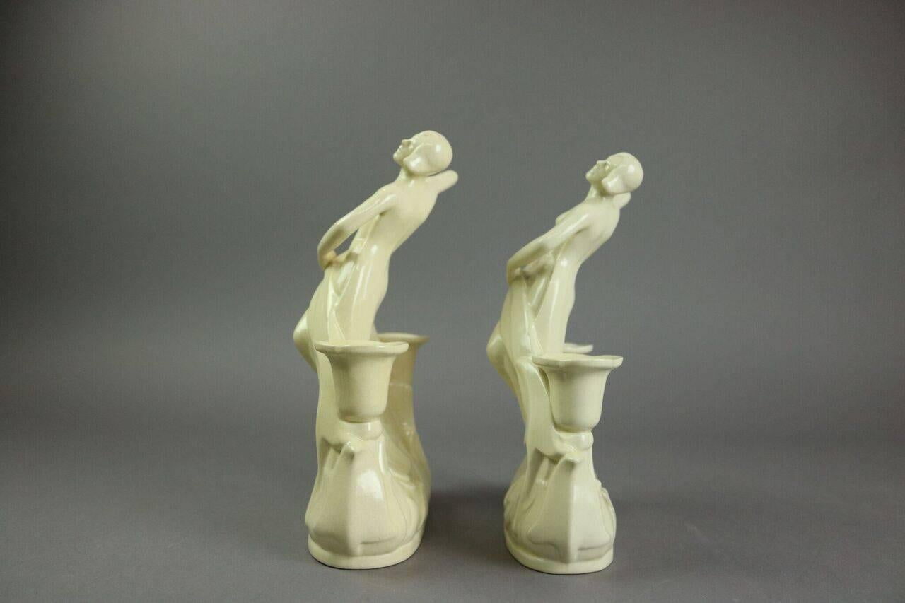Pair of Art Deco Cowan Pottery Figural Candelabra, circa 1930 In Good Condition In Big Flats, NY