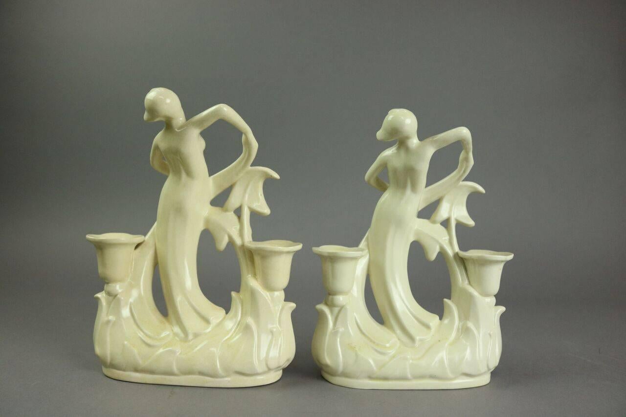 American Pair of Art Deco Cowan Pottery Figural Candelabra, circa 1930