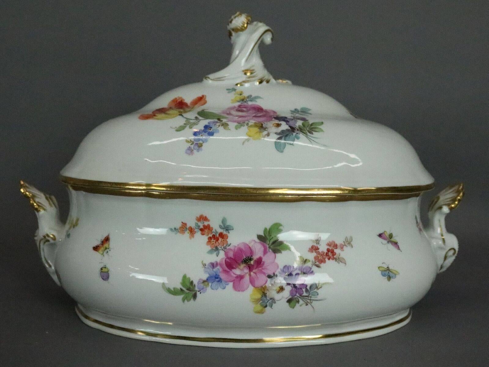 56 Piece Antique Hand-Painted Meissen Dinnerware, Flowers & Insects, circa 1890 In Good Condition In Big Flats, NY