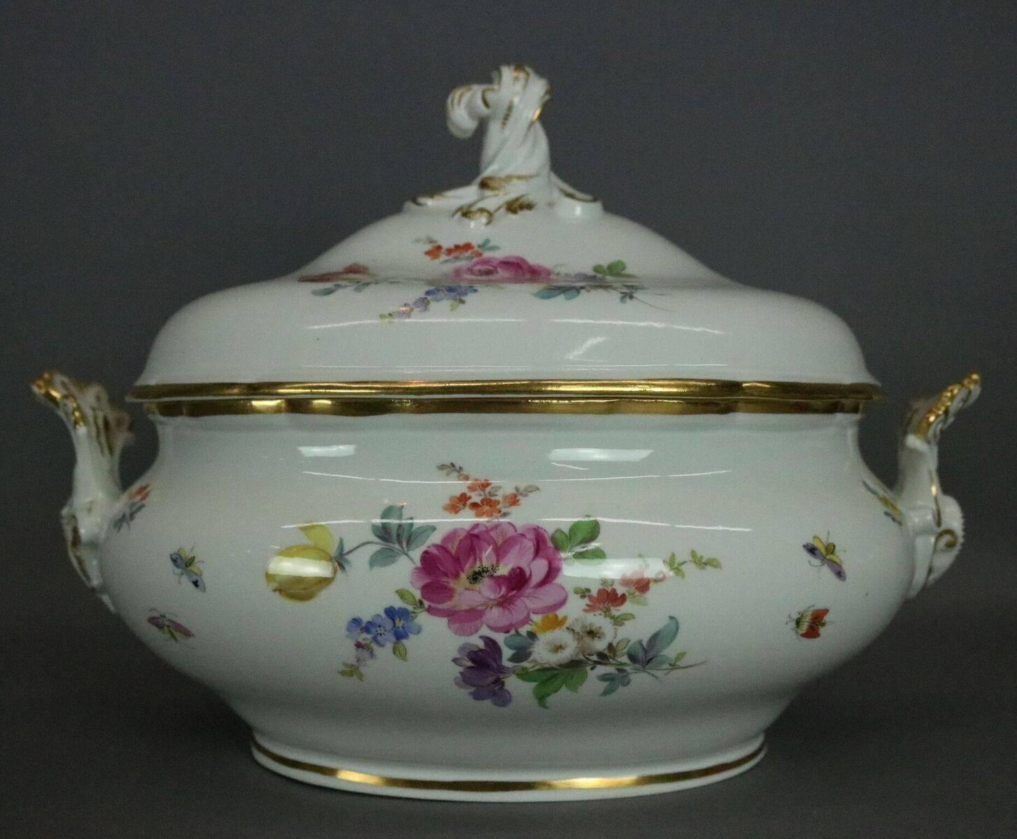 56 piece Meissen dinnerware each hand-painted with unique rich polychrome floral bouquets, scattered flowers and insects, gold rim, circa 1890.

set includes:
Covered tureen - 9"diam x 13"w x 10"H.
Covered tureen - 7"diam x