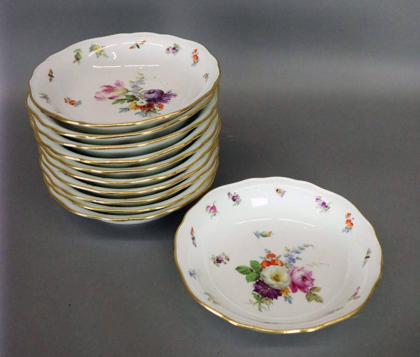 56 Piece Antique Hand-Painted Meissen Dinnerware, Flowers & Insects, circa 1890 3