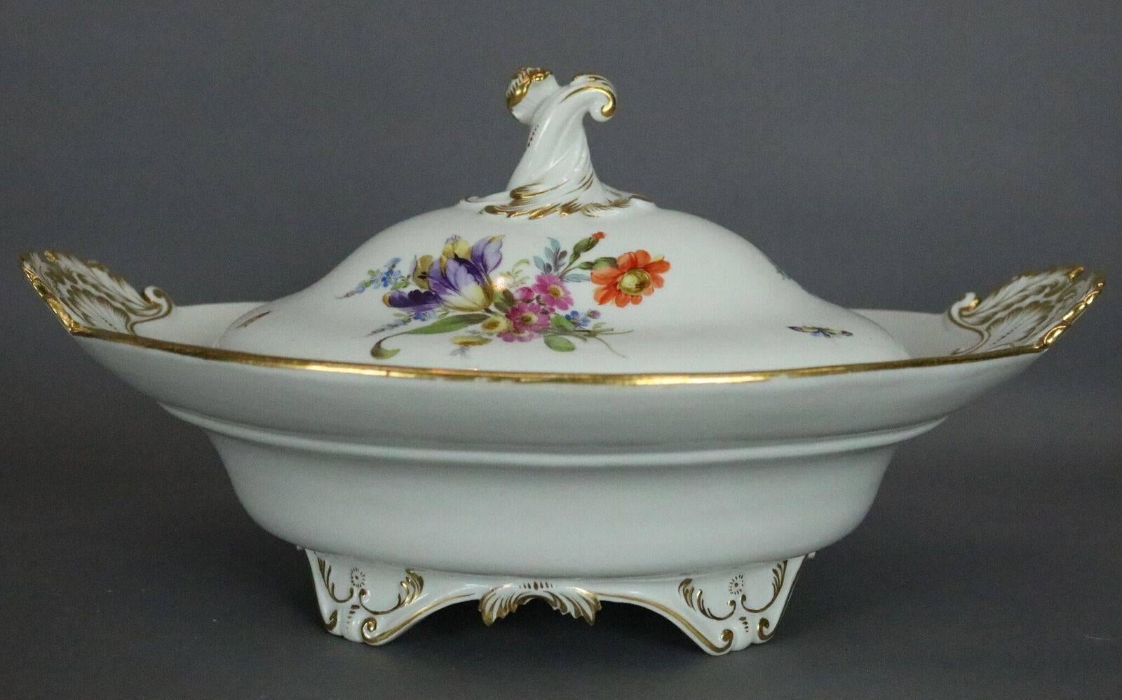 19th Century 56 Piece Antique Hand-Painted Meissen Dinnerware, Flowers & Insects, circa 1890