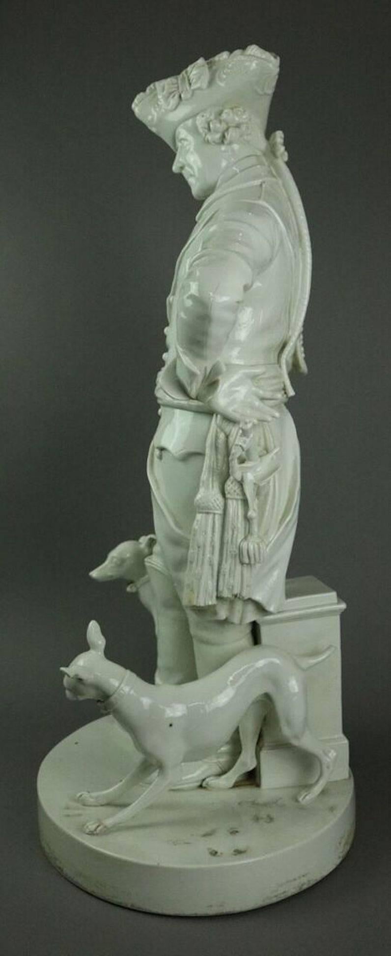 Oversized antique "Frederick The Great with Two Whippets" Blanc De Chine porcelain heroic military sculpture, 19th century Dresden, maker's mark possibly Rudolstadt (1720-1790).
