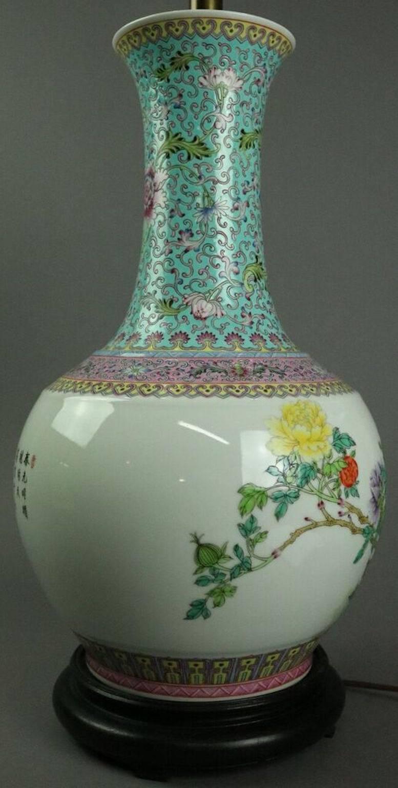 19th Century Antique Chinese Famille Verte Floral Qianlong Porcelain Lamp with Chop Marks