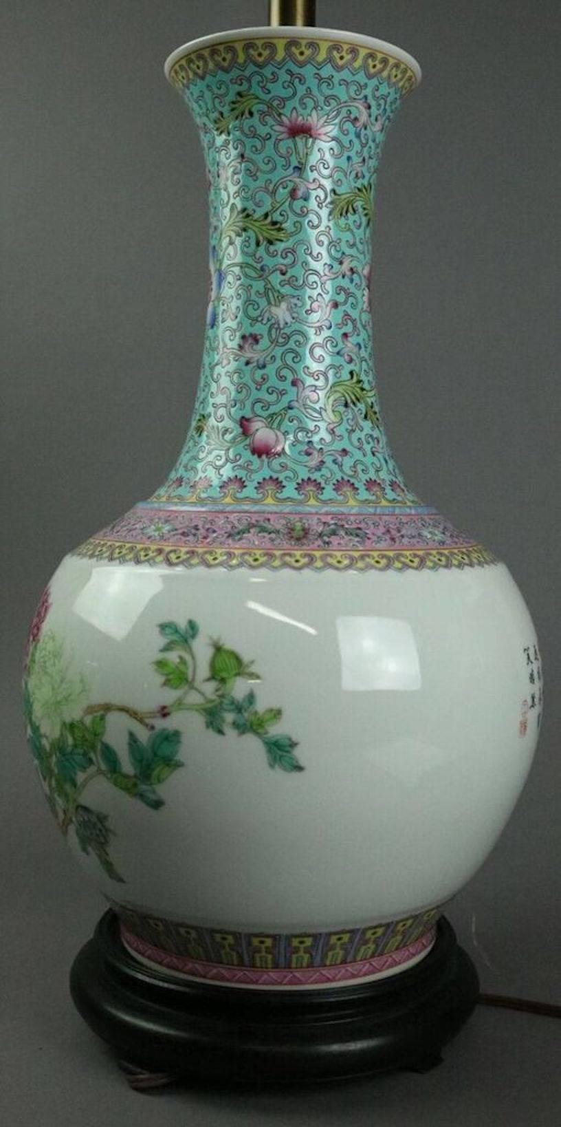 Antique Chinese Famille Verte Floral Qianlong Porcelain Lamp with Chop Marks 1