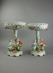 Antique Pr German Schierholz Porcelain Hand Painted Figural Compotes