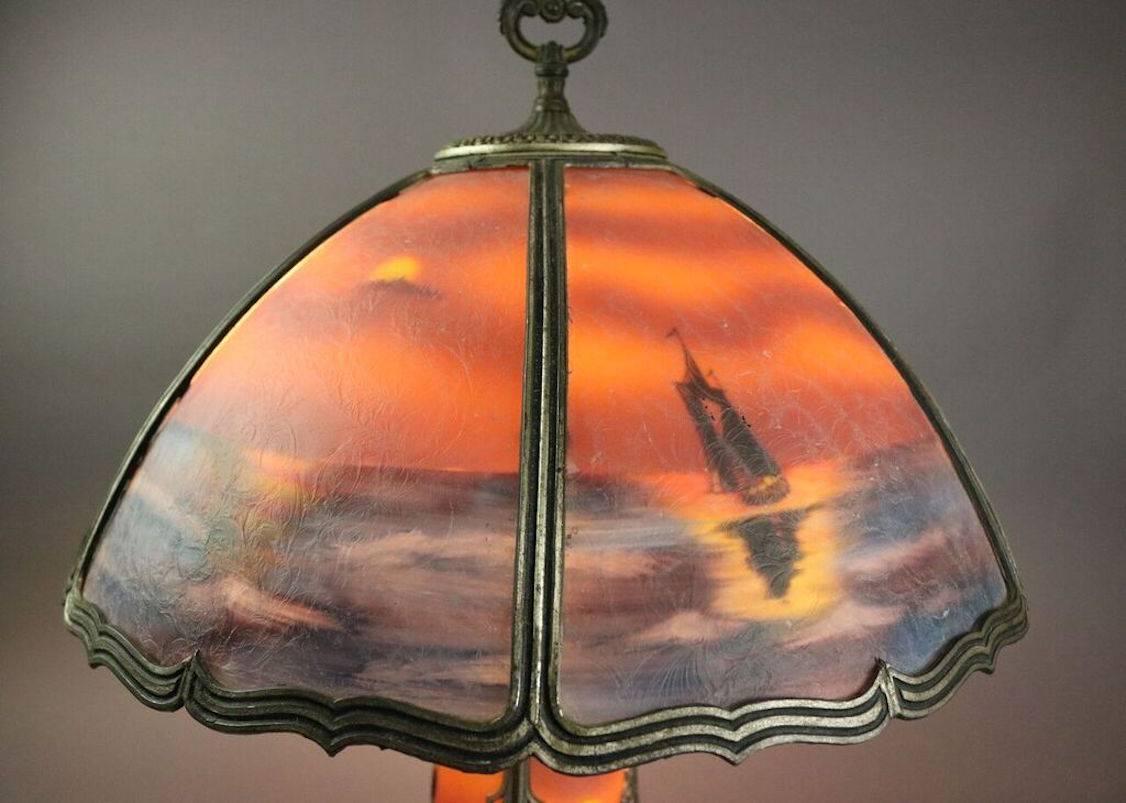 Cast Antique Reverse Painted Pittsburgh Style Bronze Table Lamp, Seascape, circa 1920
