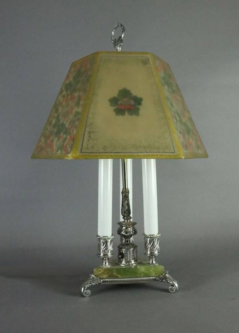 American Antique Pairpoint Reverse Painted Bouilotte Lamp with Original 3-Light Base