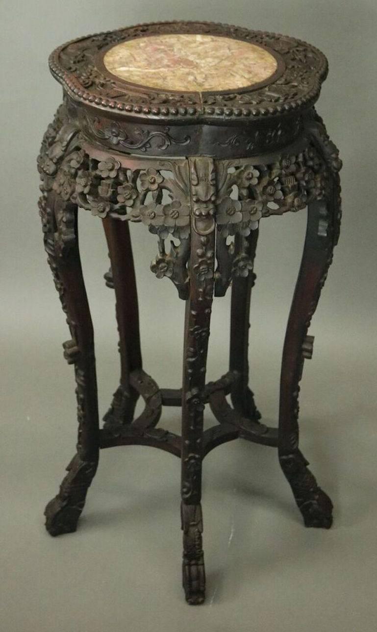 Chinoiserie Antique Chinese Export Floral Carved Hardwood Marble Top Plant Stand, circa 1900